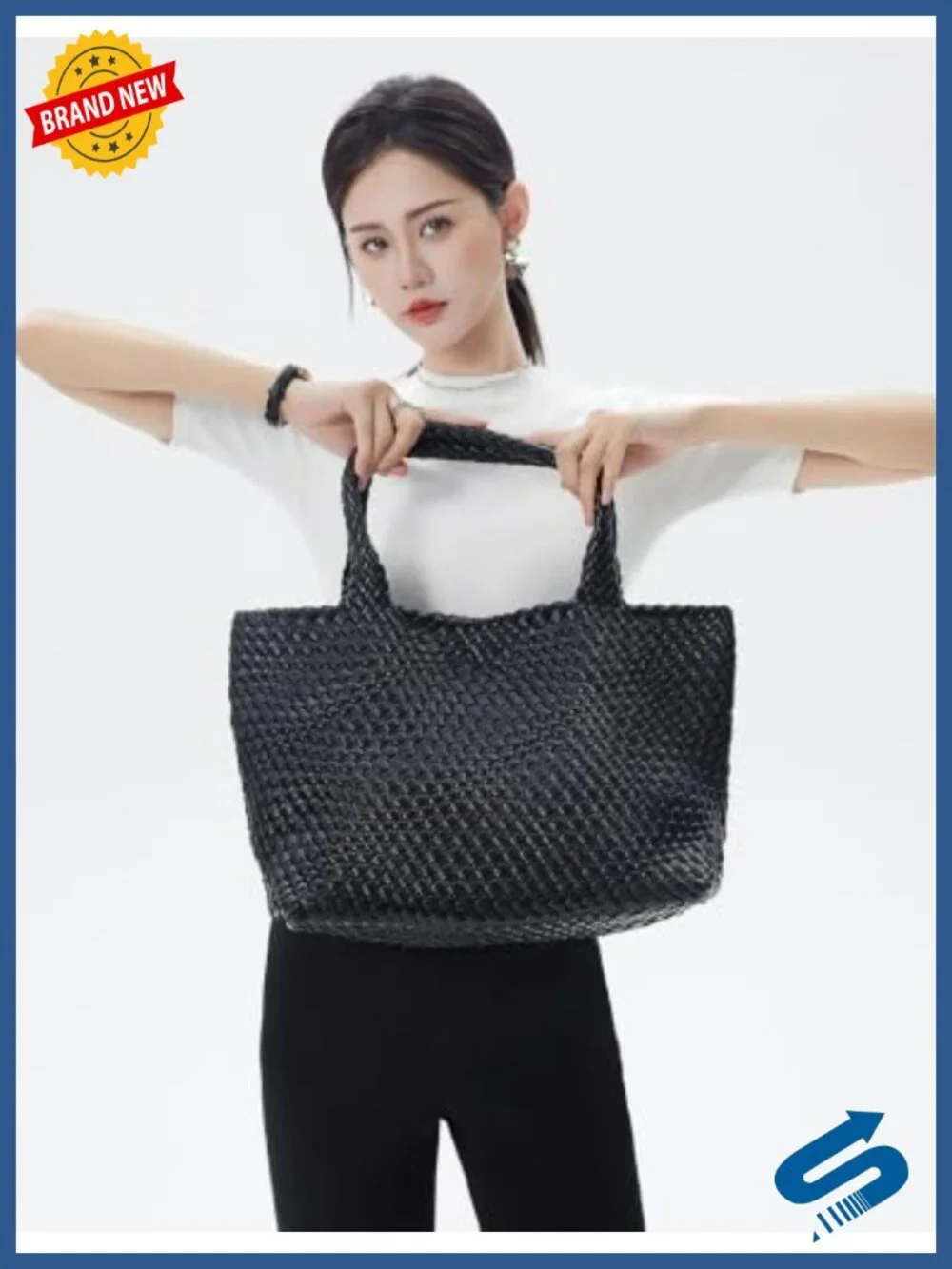 Handwoven Vegan Leather Tote Bag with Pouch Women Shoulder Purse